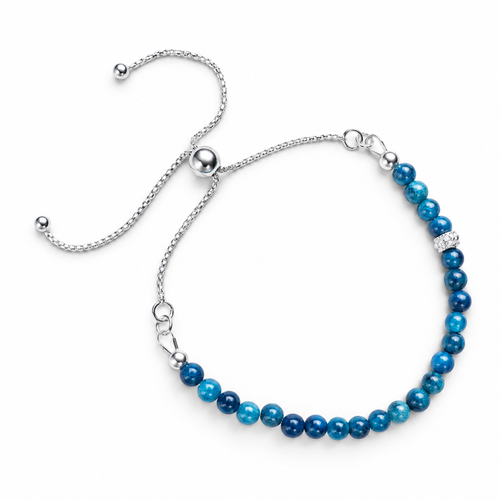 Blue Agate & Sterling Silver Adjustable Bracelet with Pavé Charm