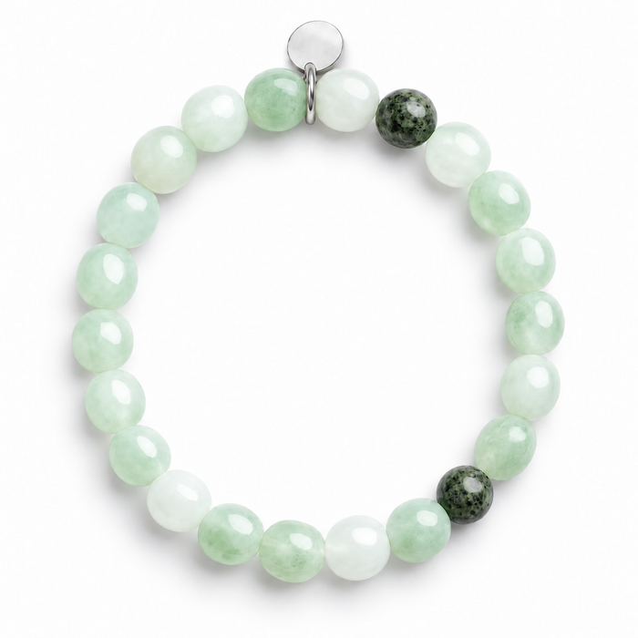 Jade & Aventurine Mixed Round Stone Bracelet by Sandy T, shown on a white background, with a blank silver tag