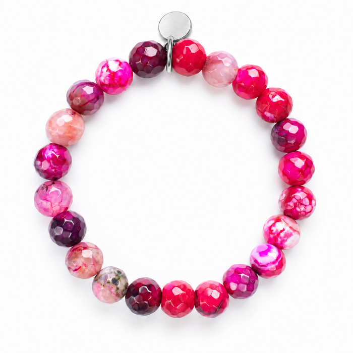 Red Agate Faceted Round Stone Bracelet by Sandy T, shown on a white background, with a blank silver tag