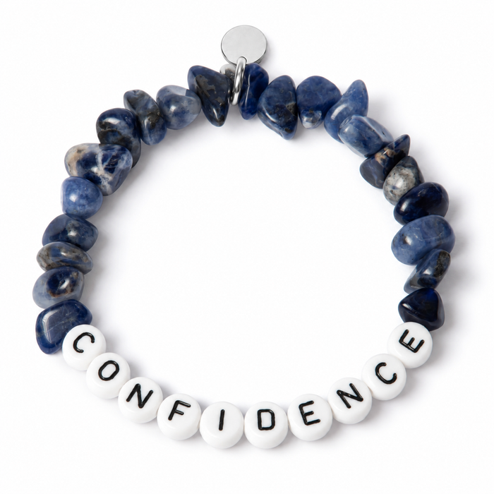 Sodalite chipstone bracelet with white beads and black letters spelling CONFIDENCE, shown as an example personalisation, with a blank silver tag