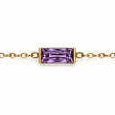 February birthstone-colour bracelet with a amethyst purple rectangular faceted stone and polished gold-tone chain on white.