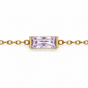 June birthstone-colour bracelet with a pale lilac rectangular faceted stone and polished gold-tone chain on white.