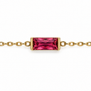 July birthstone-colour bracelet with a ruby pink rectangular faceted stone and polished gold-tone chain on white.