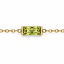 August birthstone-colour bracelet with a olive green rectangular faceted stone and polished gold-tone chain on white.