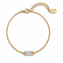 Full polished gold-tone bracelet with a clear rectangular stone, lobster clasp, extension and oval Sandy T tag on white.