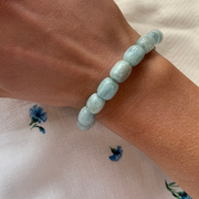 Natural Aquamarine chunky gemstone bracelet on model by Sandy T – calm and truth limited edition