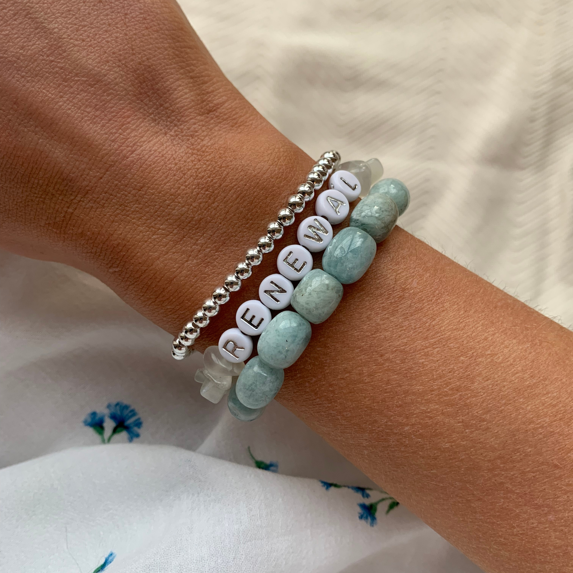 Natural Aquamarine chunky gemstone bracelet on model by Sandy T – calm and truth limited edition
