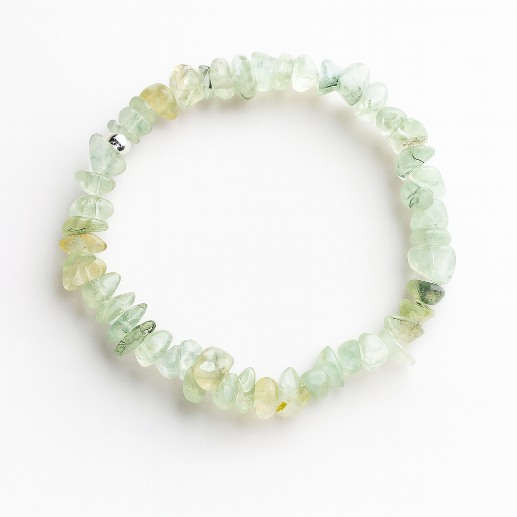 Prehnite chipstone crystal bracelet with one sterling silver bead on a white background, top-down product photo.