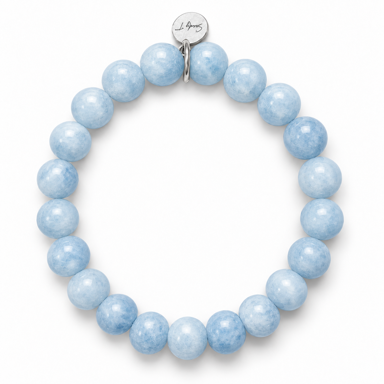 Aquamarine 8mm gemstone bracelet with silver signature tag