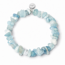 Aquamarine chipstone bracelet with a round sterling silver Sandy T signature tag on a white background