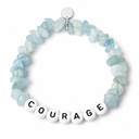 Aquamarine chipstone bracelet with white beads and black letters spelling COURAGE, shown as an example personalisation, with a blank silver tag