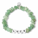 Aventurine chipstone bracelet with white beads and black letters spelling LUCK, shown as an example personalisation, with a blank silver tag