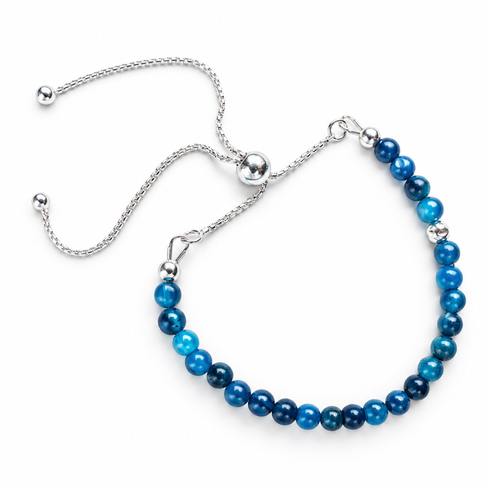 Blue Agate & Sterling Silver Adjustable Bracelet with Hammered Bead