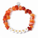 Carnelian chipstone bracelet with white beads and gold letters spelling ENERGY, shown as an example personalisation, with a blank silver tag and a complete oval jump ring