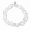 Clear Quartz chipstone bracelet with a round sterling silver Sandy T signature tag on a white background