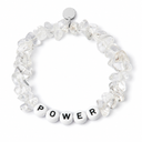 Clear Quartz chipstone bracelet with white beads and black letters spelling POWER, shown as an example personalisation, with a blank silver tag