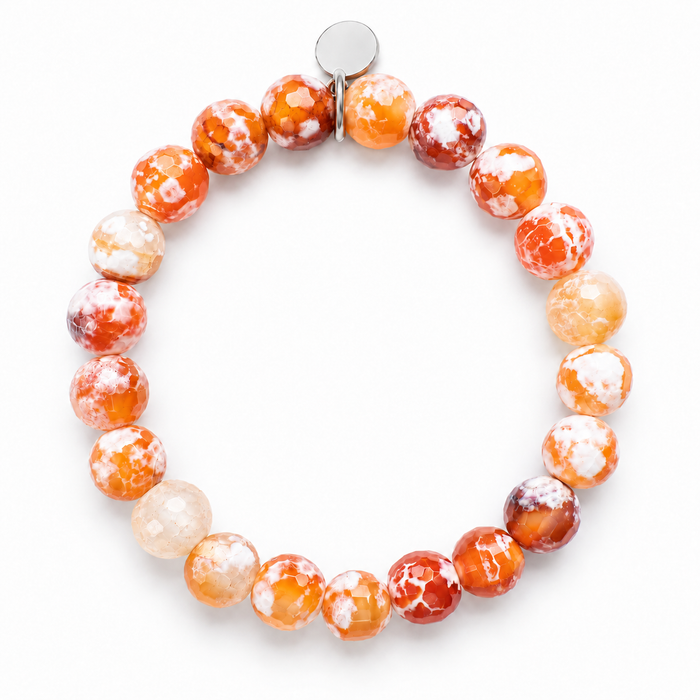 Cracked Carnelian Faceted Round Stone Bracelet by Sandy T, shown on a white background, with a blank silver tag