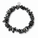 Hematite chipstone bracelet with a round sterling silver Sandy T signature tag on a white background.