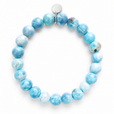 Larimar 8mm Round Stone Bracelet by Sandy T, shown on a white background, with a blank silver tag