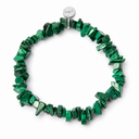 Malachite chipstone bracelet with a round sterling silver Sandy T signature tag on a white background