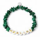 Malachite chipstone bracelet with white beads and gold letters spelling HEALING, shown as an example personalisation, with a blank silver tag