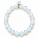 Moonstone 6mm Round Stone Bracelet by Sandy T, shown on a white background, with a blank silver tag