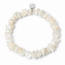 Moonstone chipstone bracelet with a round sterling silver Sandy T signature tag on a white background