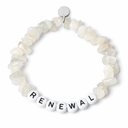 Moonstone chipstone bracelet with white beads and black letters spelling RENEWAL, shown as an example personalisation, with a blank silver tag
