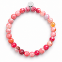 Pink Agate Faceted Round Stone Bracelet by Sandy T, shown on a white background, with a blank silver tag