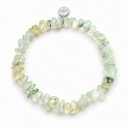Prehnite chipstone bracelet with a round sterling silver Sandy T signature tag on a white background