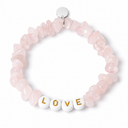 Rose Quartz chipstone bracelet with white beads and gold letters spelling LOVE, shown as an example personalisation, with a blank silver tag