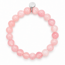 Rose Quartz Faceted Round Stone Bracelet by Sandy T, shown on a white background, with a blank silver tag
