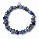 Sodalite chipstone bracelet with a round sterling silver Sandy T signature tag on a white background
