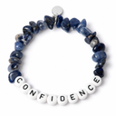 Sodalite chipstone bracelet with white beads and black letters spelling CONFIDENCE, shown as an example personalisation, with a blank silver tag