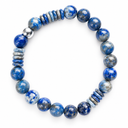 Sodalite Round & Disc Stone Bracelet by Sandy T, shown on a white background, with a silver accent bead and three disc-bead sections