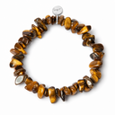 Tiger’s Eye chipstone bracelet with a round sterling silver Sandy T signature tag on a white background