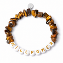 Tiger's Eye chipstone bracelet with white beads and gold letters spelling WILLPOWER, shown as an example personalisation, with a blank silver tag